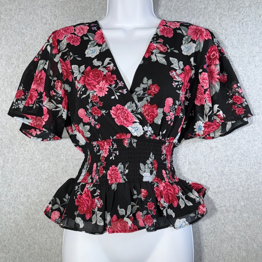 Kabana Women Floral Smocked Waist Peplum Top Black Pink V-Neck Flutter Sleeve L